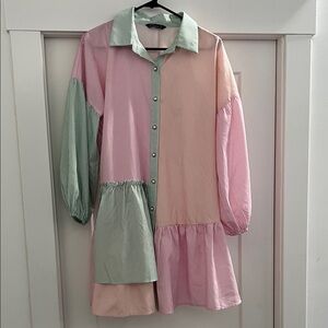 Simplee Apparel Striped Patchwork Mini Dress - Pink, Green, Cream